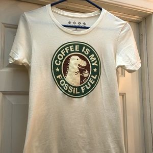 Coffee drinking dinosaur graphic T shirt